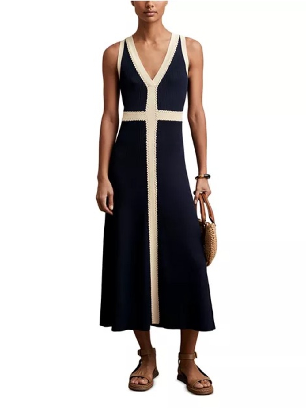 Reiss Lou Craft Stitch Navy Knit Midi Dress Size Small NWT